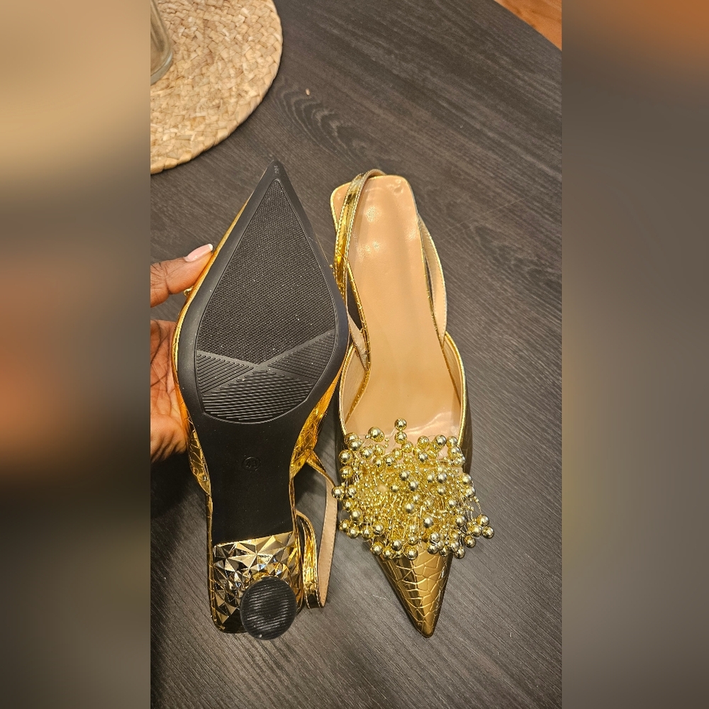 Gold Beaded Pointed Slingback Heels - Picture 4 of 7